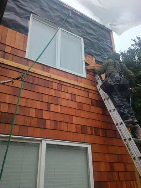 Worker on ladder installing or repairing cedar shake siding on two-story house exterior